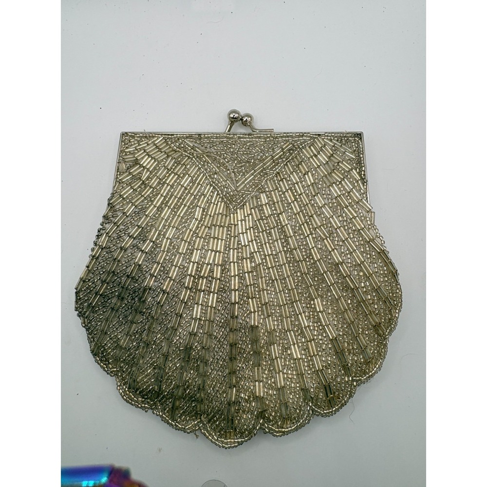 apt. 9 Art Deco Silver Toned Beaded Shell Shaped Clutch with Metal Frame